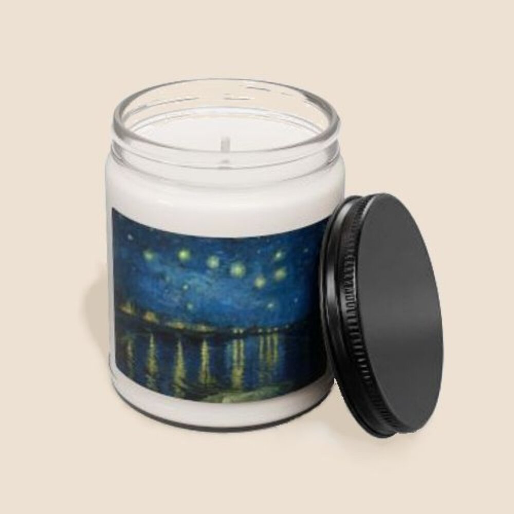 NEW Starry Night Painting White Sage & Lavender Soy Candle Print Glass Jar